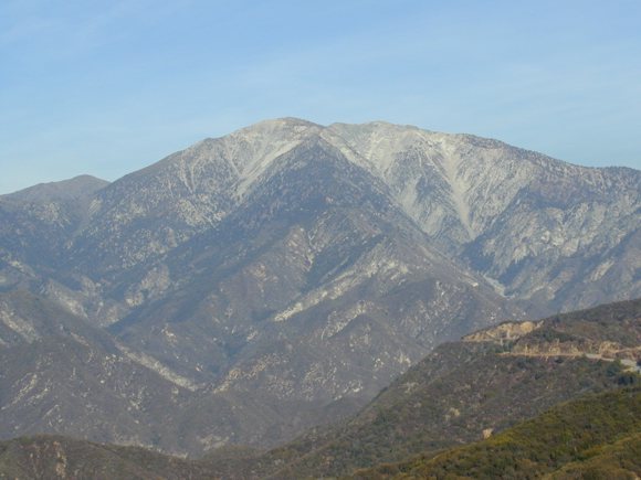A view of Old Baldy from Glendora Ridge Road. Old Baldy was named 'baldy because the top of the mountain sticks up above the tree line and therefore is 'bald' of trees 