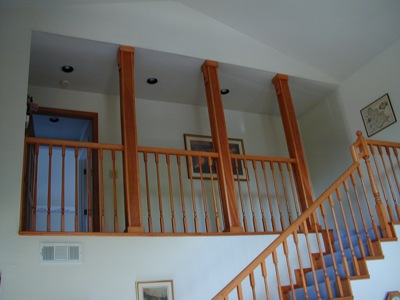 oak hand rail, balustrade,oak trimmed steps and oak wraped columns